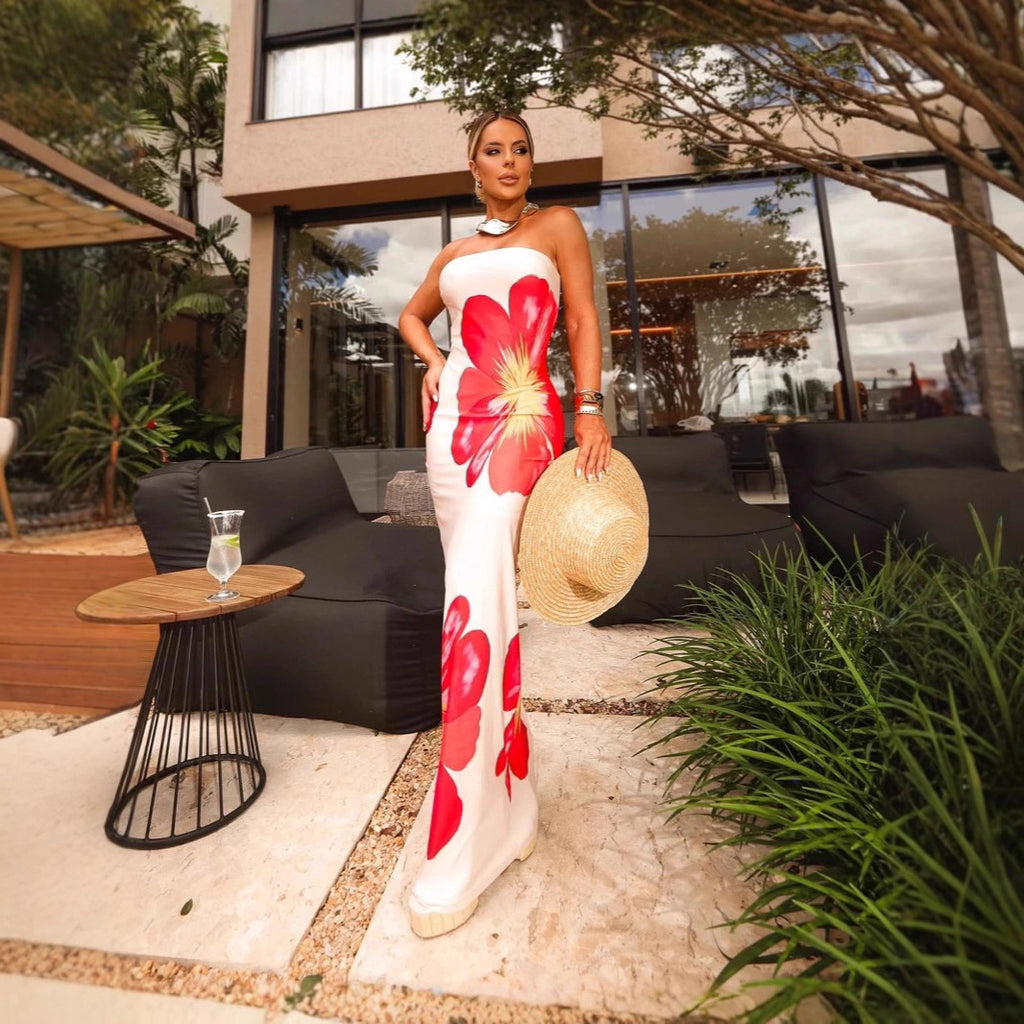 Summer Women's Casual Strapless Printed Long Vacation Dress