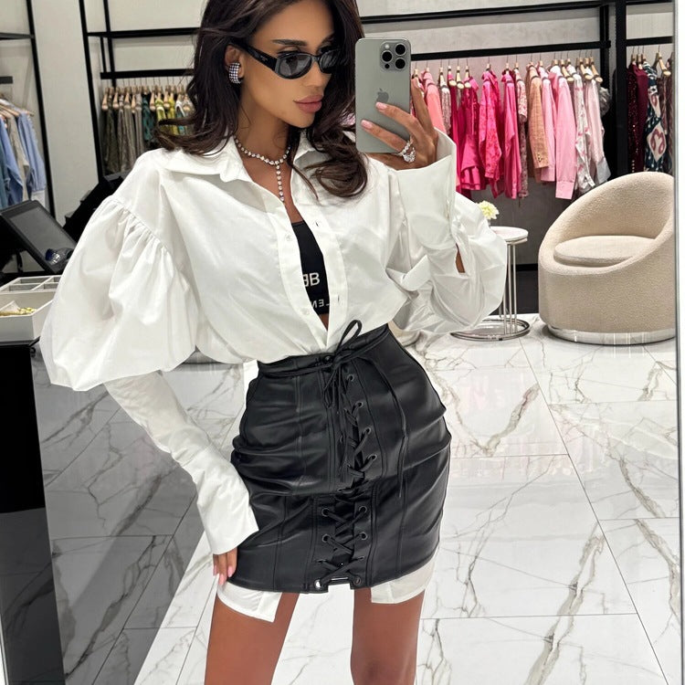 Women's Elegant Long Shirt Skirt Set Polo Collar Long-Sleeve Cardigan