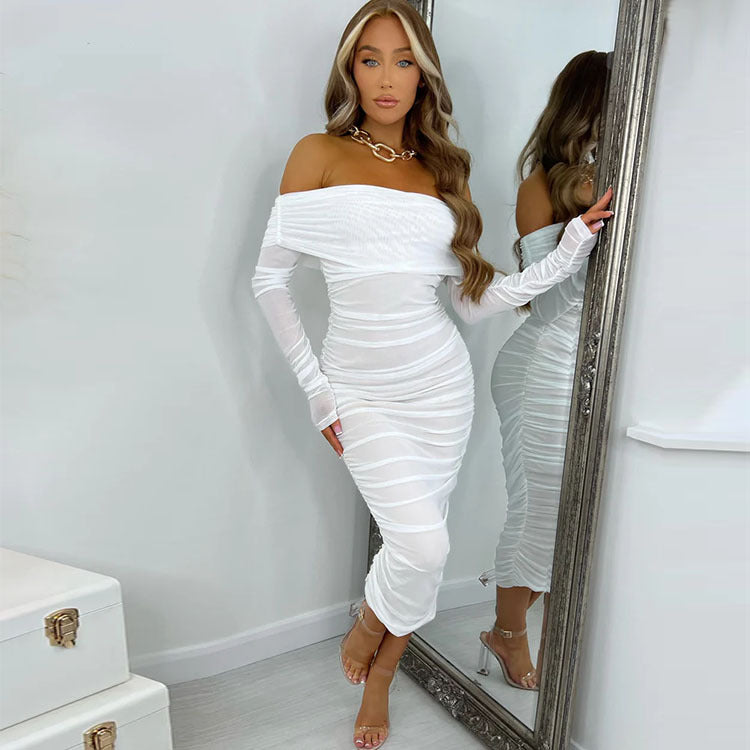 Off-Shoulder Lace Long-Sleeve Ruched Bodycon Midi Dress