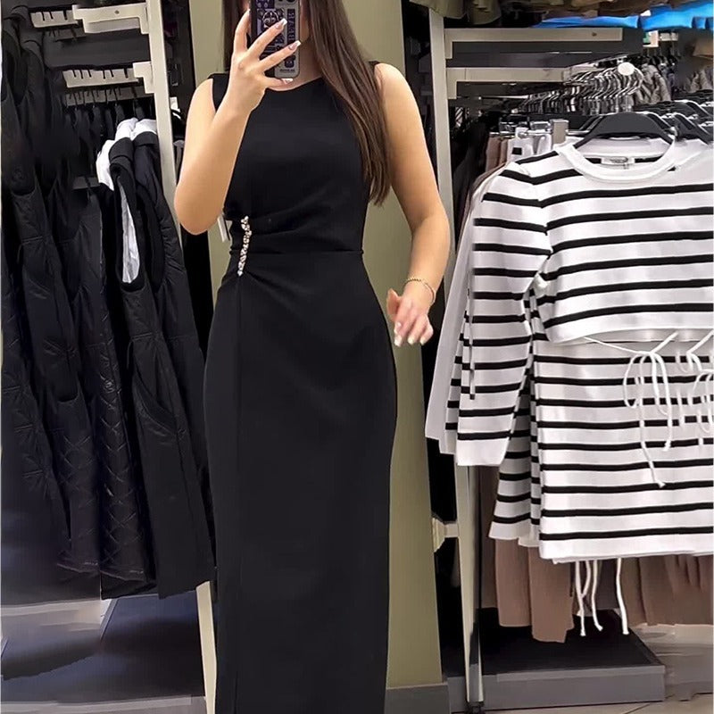 Women's Crew-Neck Rhinestone Fringe Ruched Split Bodycon Maxi Dress