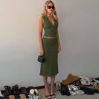 Women ummer Lace Small Vest Slim Solid Skirt Set