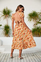 Women's Floral V-Neck Backless Ruffled Vacation Maxi Dress