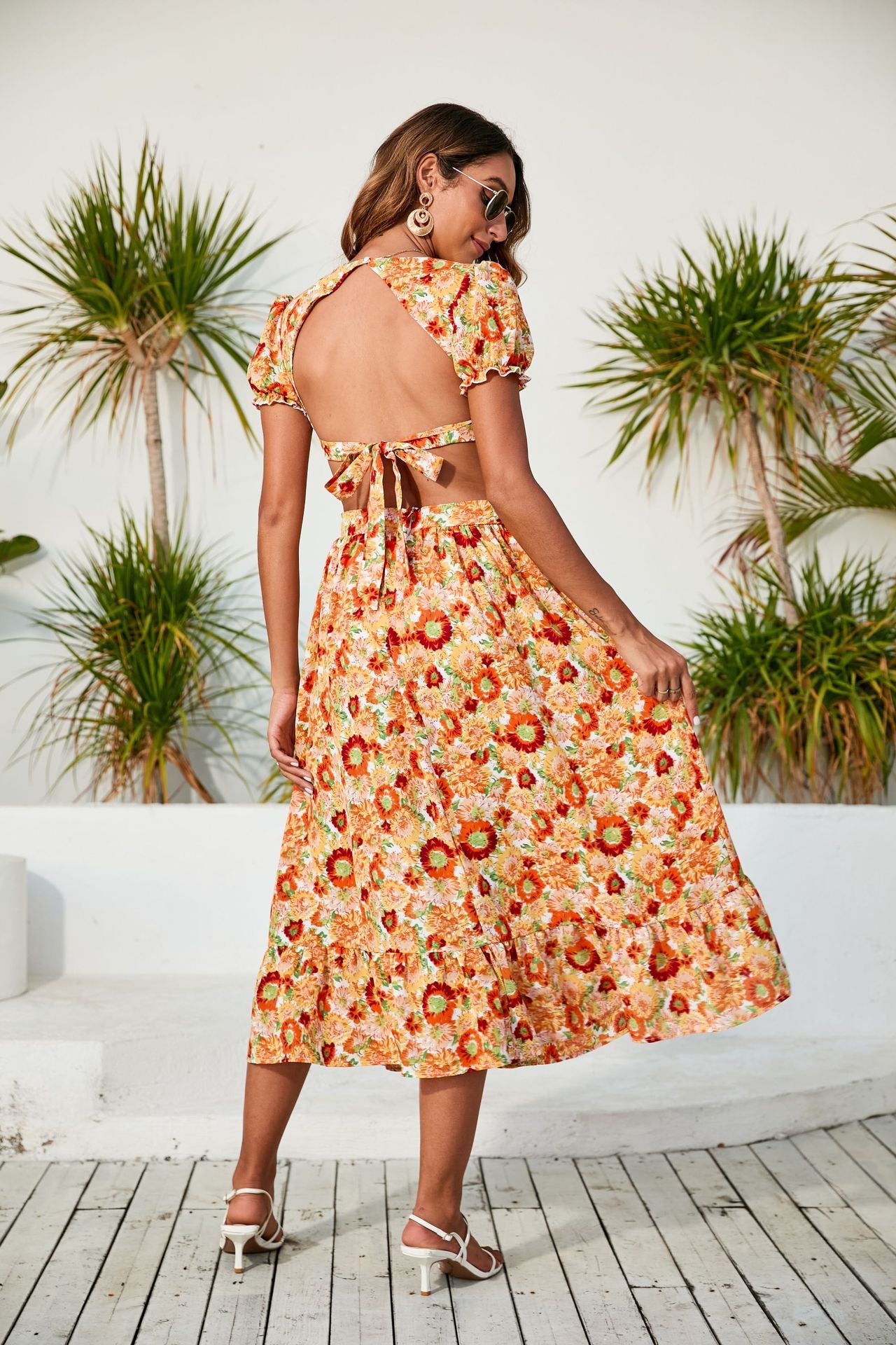 Women's Floral V-Neck Backless Ruffled Vacation Maxi Dress
