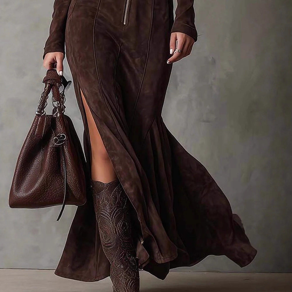 Women's Suede-Look Belted Midi Dress