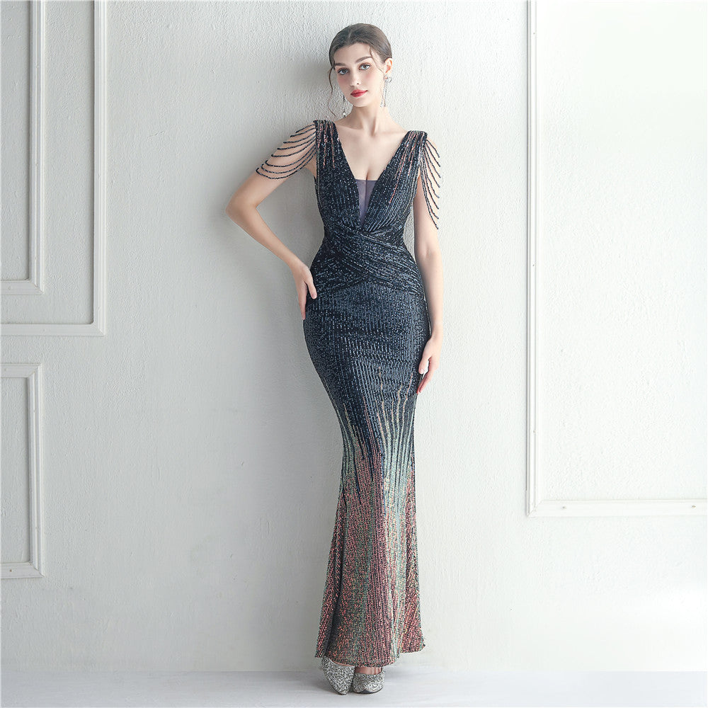 Women's Beaded Sequin Gala Dinner Long Evening Dress Fishtail
