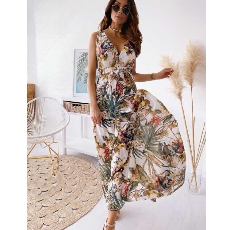 Women's Summer Deep V Plunge Sexy Seamless Print Lace Up Swing Maxi Dress