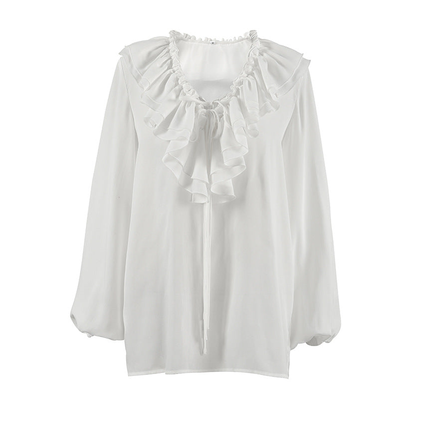Women's V-Neck Ruffle Lace-Up Blouse