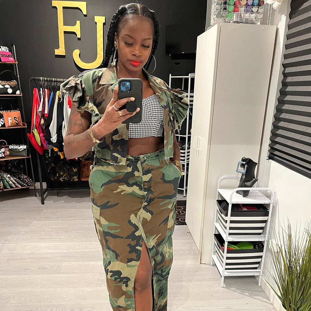 Camouflage Ruffle Sleeve Short Jacket