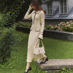 Collared Button Ribbed Long-Sleeve Knit Bodycon Midi Dress