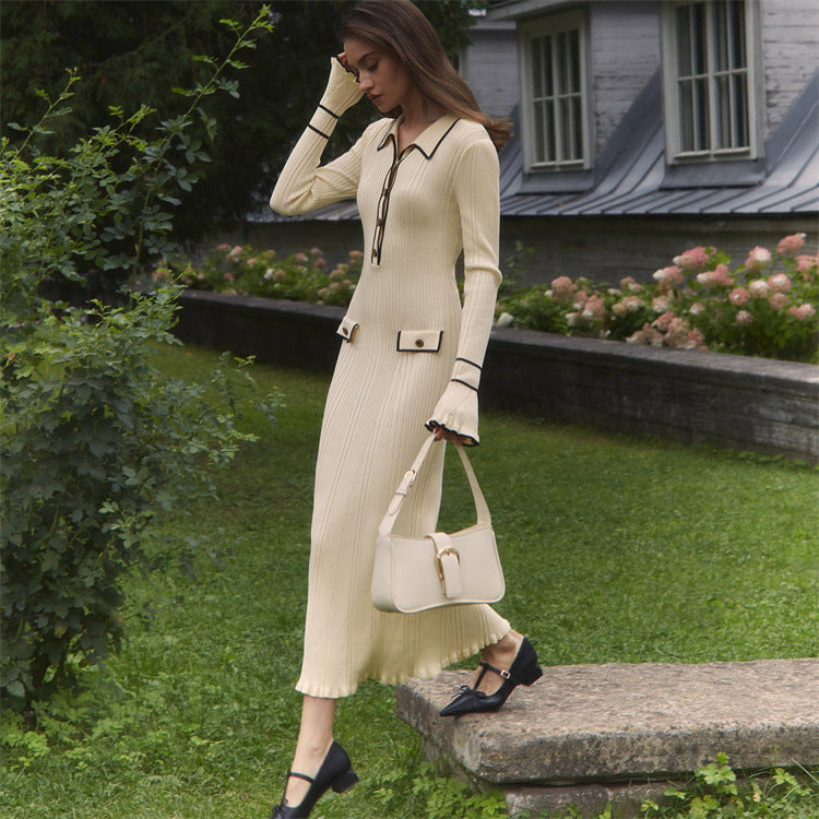 Collared Button Ribbed Long-Sleeve Knit Bodycon Midi Dress