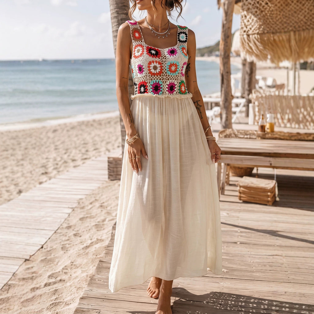 Vacation Beach Dress Bikini Wrap Random Mixed Color Hand Crocheting Stitching