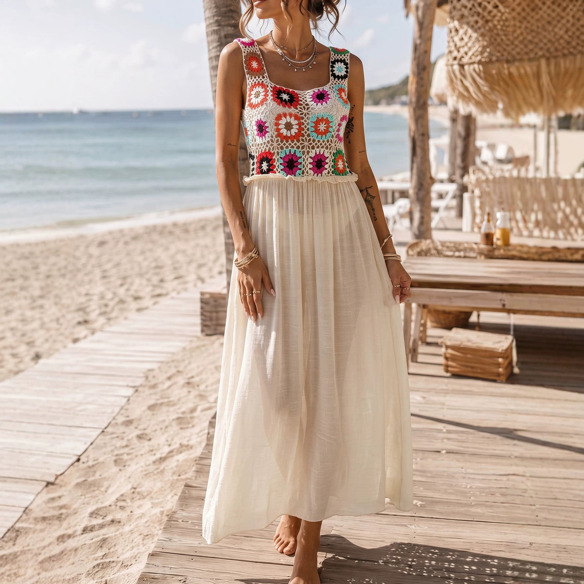 Vacation Beach Dress Bikini Wrap Random Mixed Color Hand Crocheting Stitching