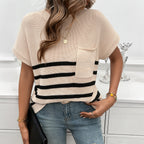 Women's Striped Color-Block Sweater – Short-Sleeve Crew Neck