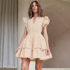 Women's Summer Women Clothing Short Hollow Out Cutout Out Tiered Dress French Design Pure Cotton Dress Summer Flutter