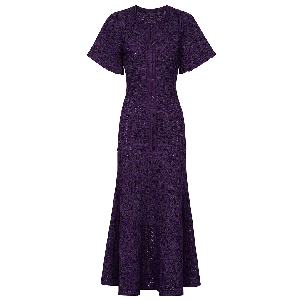 Purple maxi silk dress with short sleeves, button-front detail, and embroidered lace-like hem.