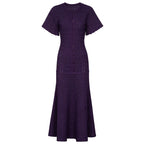 Purple maxi silk dress with short sleeves, button-front detail, and embroidered lace-like hem.