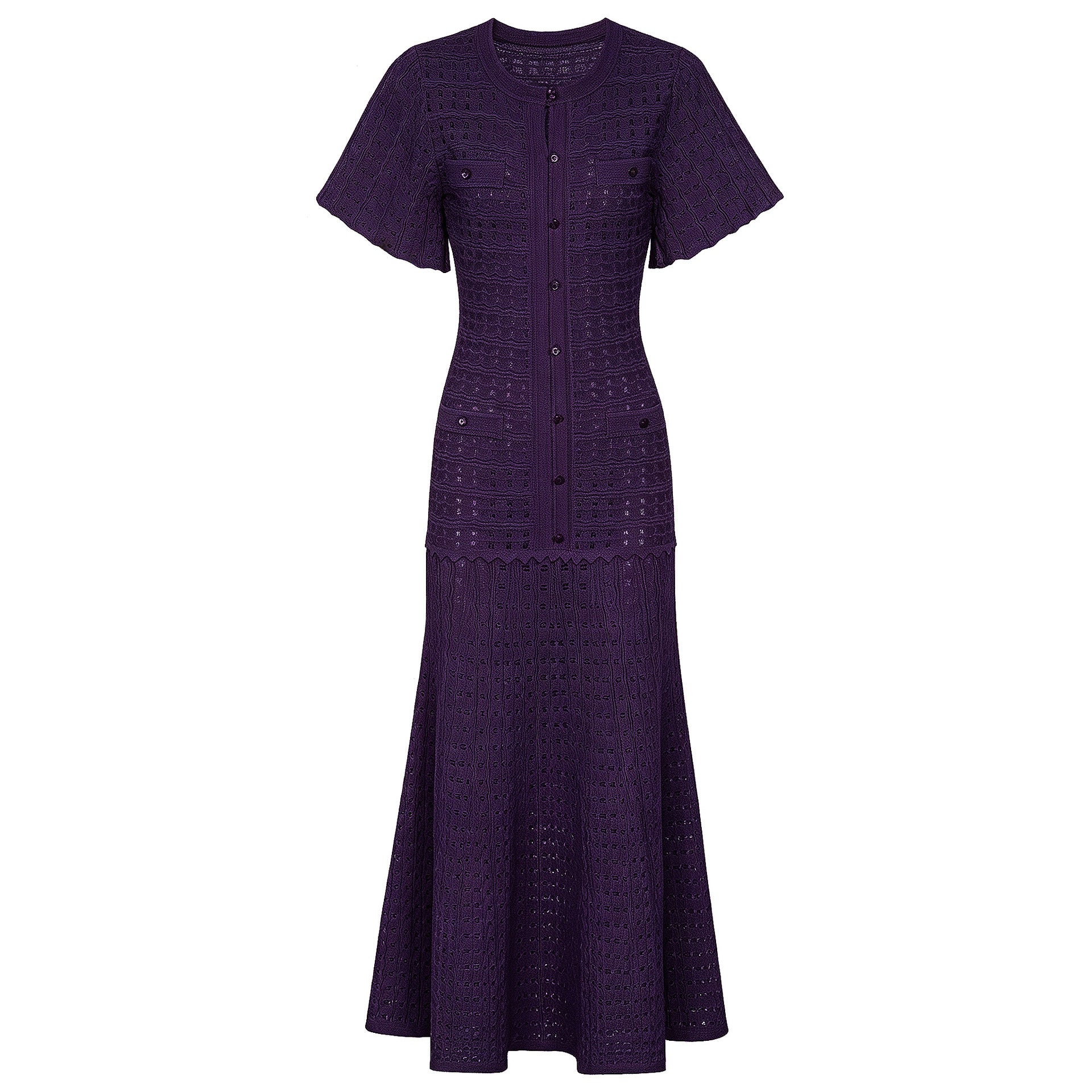 Purple maxi silk dress with short sleeves, button-front detail, and embroidered lace-like hem.