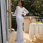 Women's V-Neck Sequin Long-Sleeve Fishtail Maxi Dress