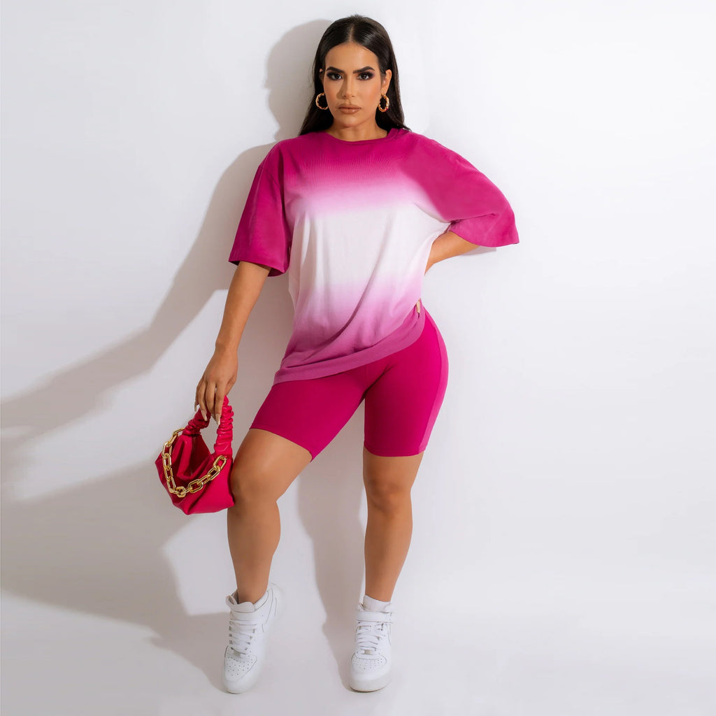 Women's Gradient Color Printed Short-Sleeve Summer Suit Slim T Shirt Shorts Two-Piece Set