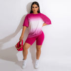 Women's Gradient Color Printed Short-Sleeve Summer Suit Slim T Shirt Shorts Two-Piece Set