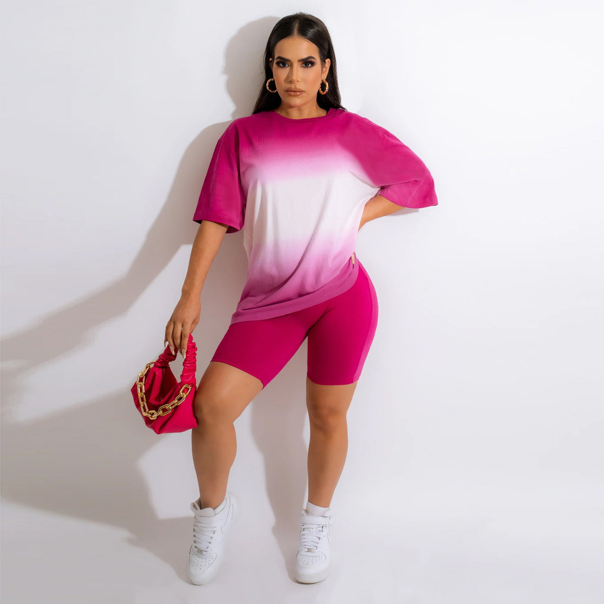 Women's Gradient Color Printed Short-Sleeve Summer Suit Slim T Shirt Shorts Two-Piece Set