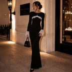 Fall Elegant Slim Fit Round Neck Long Sleeves Stitching Lace Sheath Dress