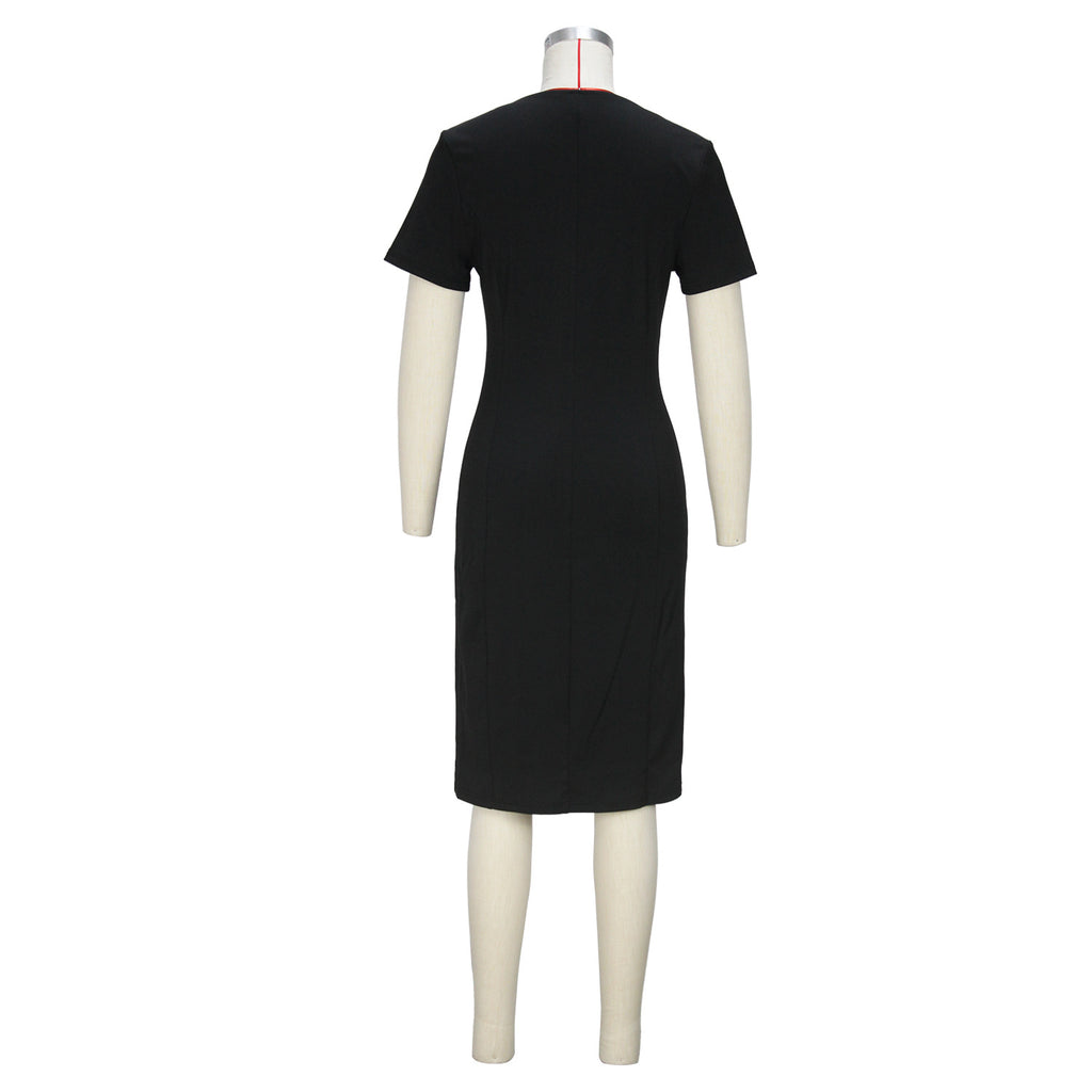 Faux-Leather Crew-Neck Front-Zip Short-Sleeve Bodycon Dress
