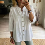 Spring Summer Cotton Linen Shirt Women Casual Retro Artistic Solid Color Three Quarter Length Sleeve Top Women