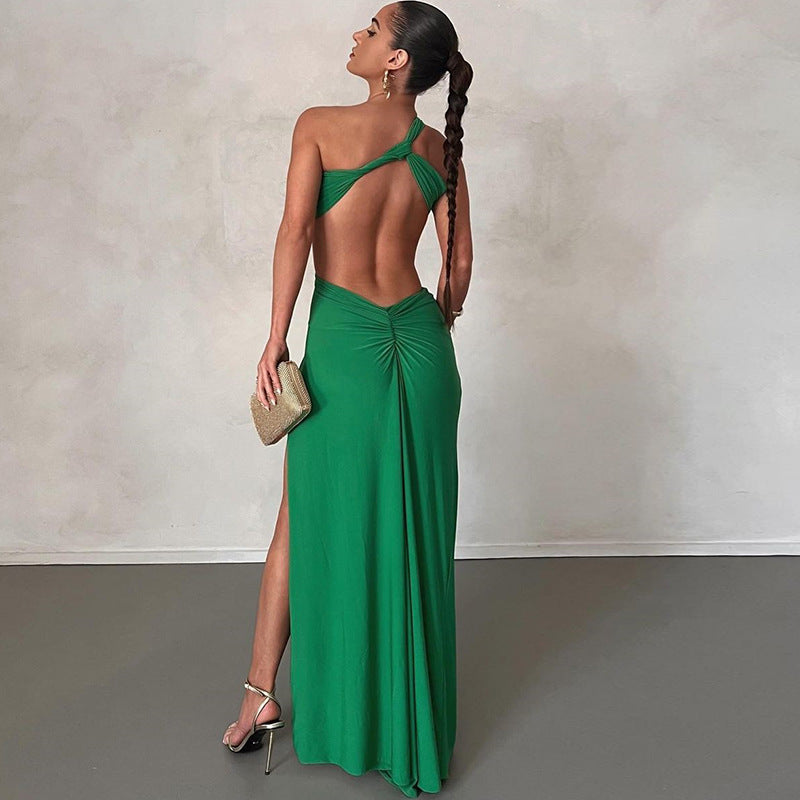 Women's Sloping Shoulder Dress Solid Color Pullover Sexy Backless Evening Dress Long Socialite Split