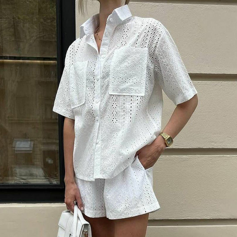 Women's Summer Suit Women's Hollow Out Cutout Out Short Sleeved