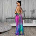 Women's Printed Lace-Up Backless Split Dress