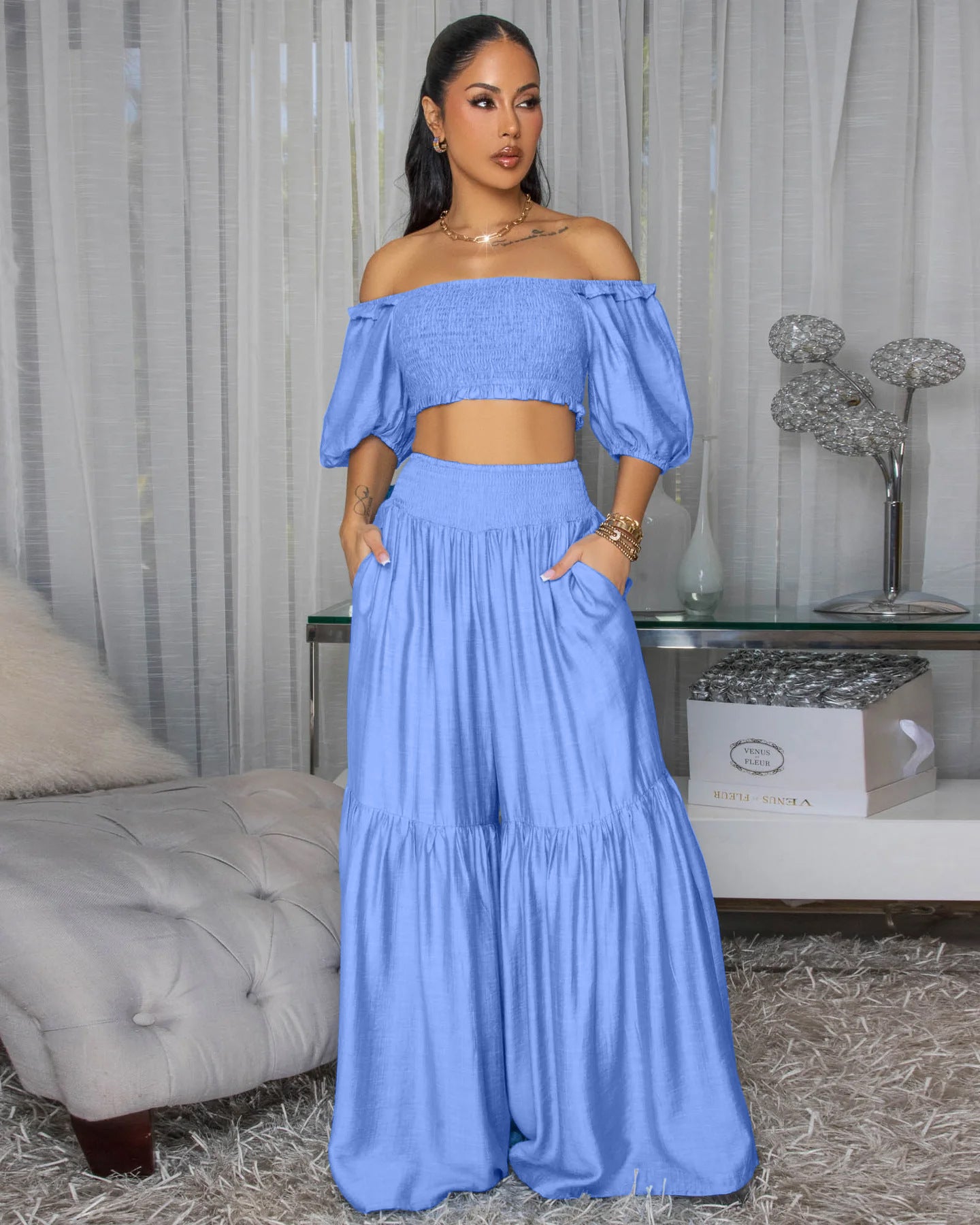 Blue off-shoulder puff-sleeve crop top with tiered maxi skirt two-piece outfit