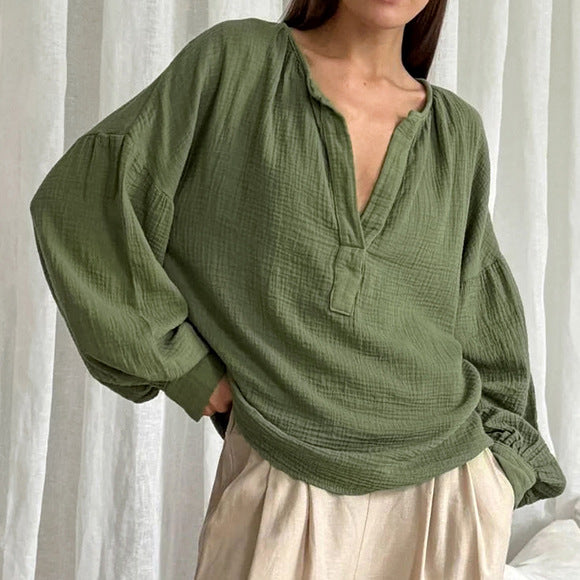 Women's French Bubble Crepe Lantern Sleeve Loose Casual Shirt Autumn Arrival Top Women