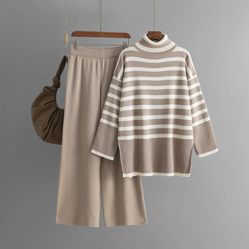 Striped Turtleneck Sweater Autumn Winter Loose Design Pullover Top Two-Piece Set