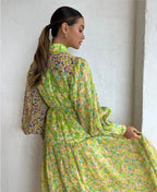 Floral Color-Block Lantern Sleeve Maxi Dress