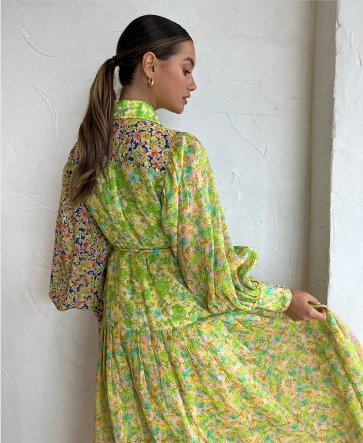 Floral Color-Block Lantern Sleeve Maxi Dress