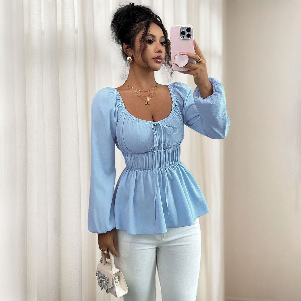 Women's Light Blue Ruched Square Neck Top