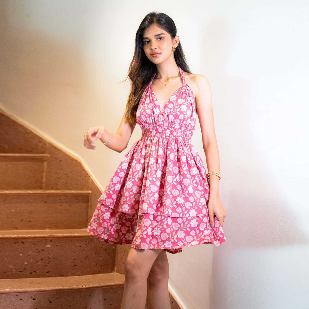 V-Neck Halter Lace-Up Tiered Dress
