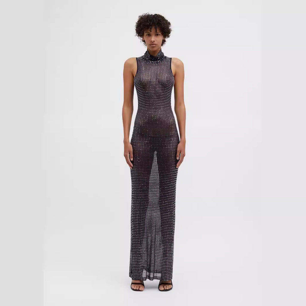 Women's Summer Sexy Sheer Cutout Maxi Dress Mesh Rhinestone Sleeveless Maxi Dress Women