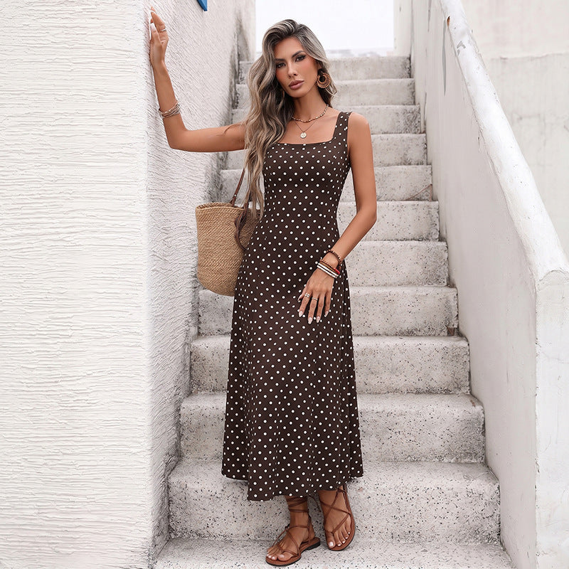 Coffee brown sleeveless polka dot ankle-length dress with square neckline