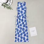 Blue-and-white leaf-print sleeveless maxi one-piece swimsuit with side drawstrings