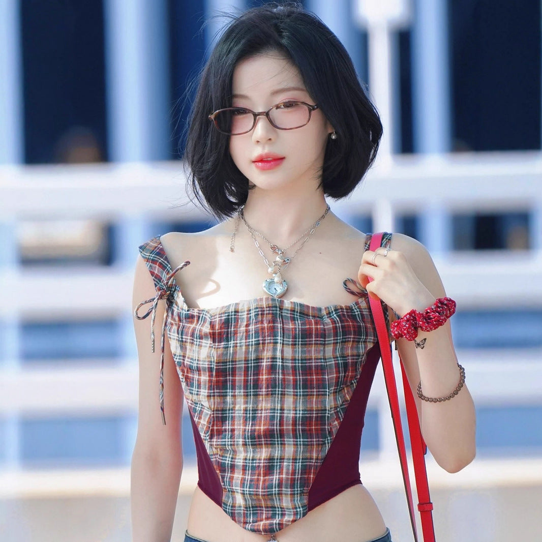 Women's Retro Sweet Spicy Color Matching Plaid Irregular Asymmetric Spaghetti Strap Niche Design Off Neck Waist Trimming Short Vest Top