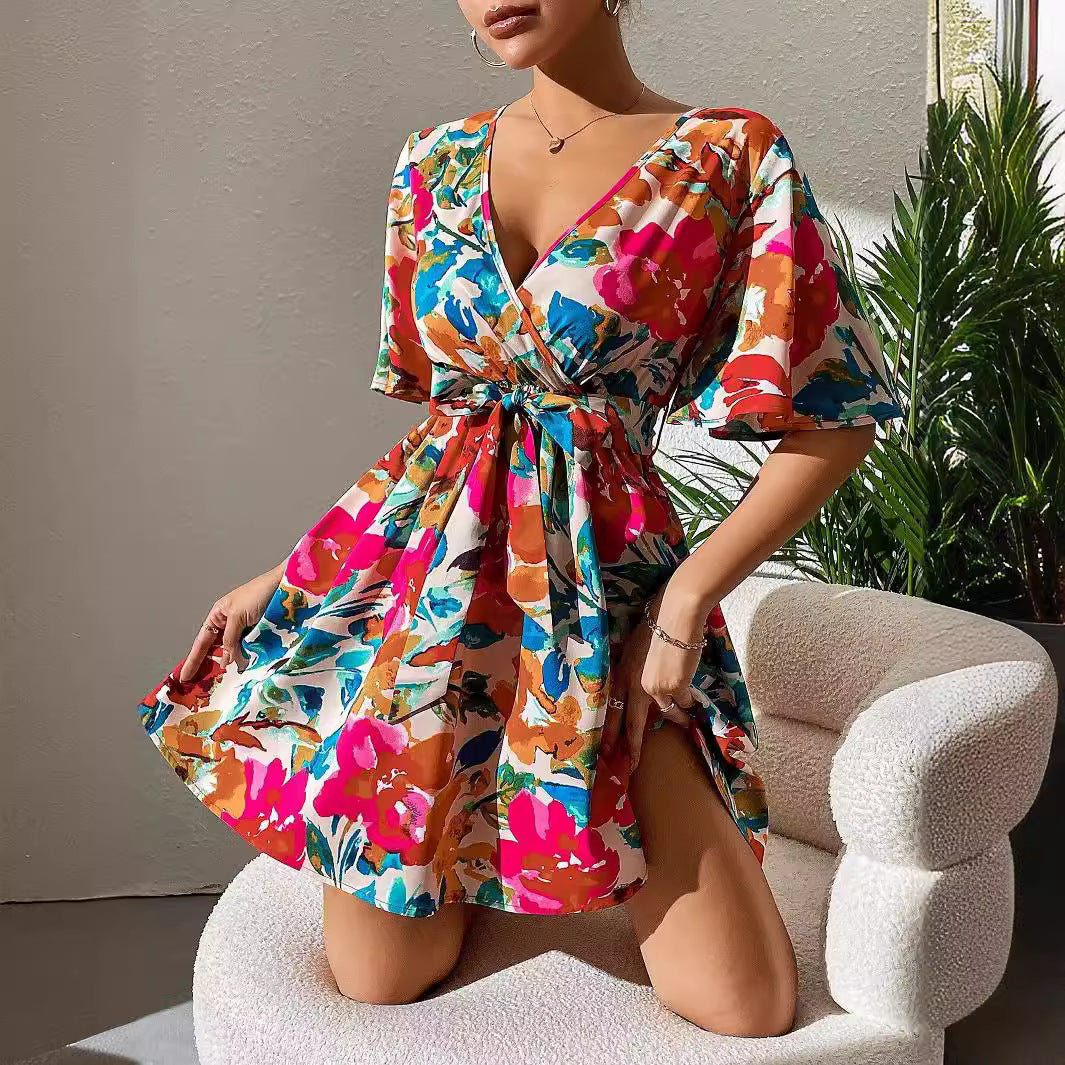 Floral Print Cross-Collar Belt Dress