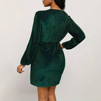 Women's Women's Velvet Dress V Neck High Waist Long Sleeves Hip