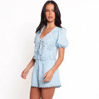 Elegant V-Neck Lace Up Bow Puff Sleeve Top Casual Shorts Set