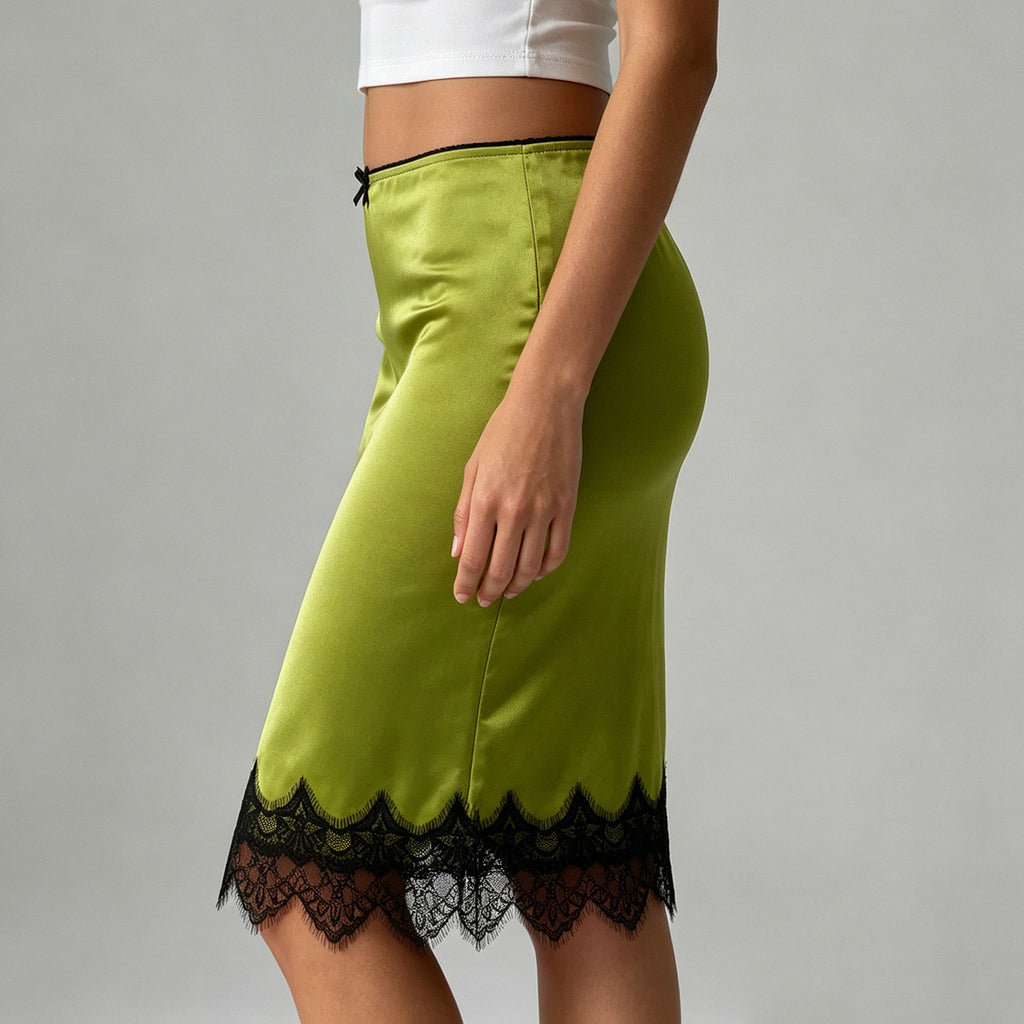 Elegant Graceful Women Satin Skirt Lace Stitching Contrast
