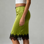 Elegant Graceful Women Satin Skirt Lace Stitching Contrast