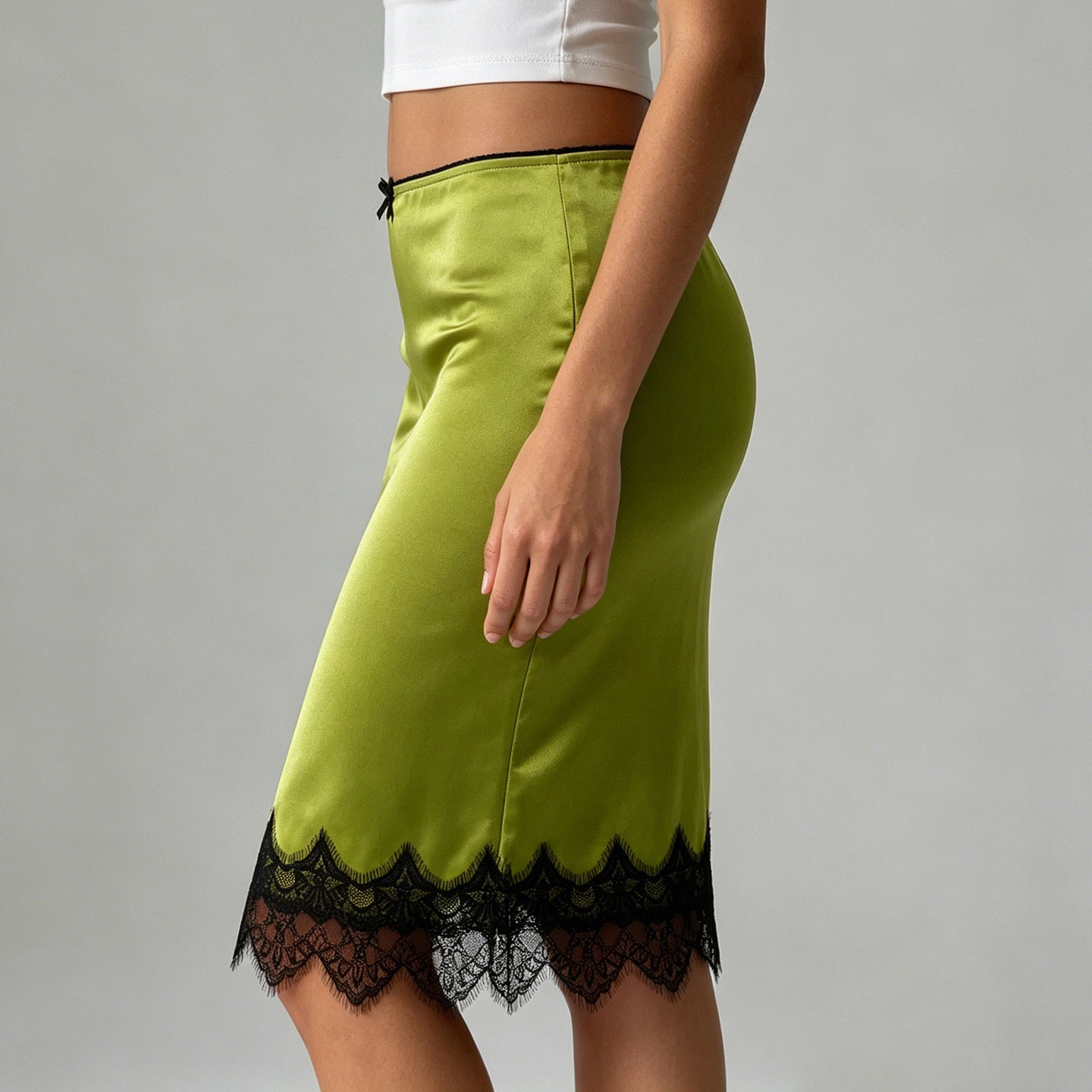 Elegant Graceful Women Satin Skirt Lace Stitching Contrast