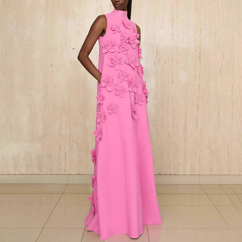 Women’s 3D Floral Stand-Collar Maxi Dress