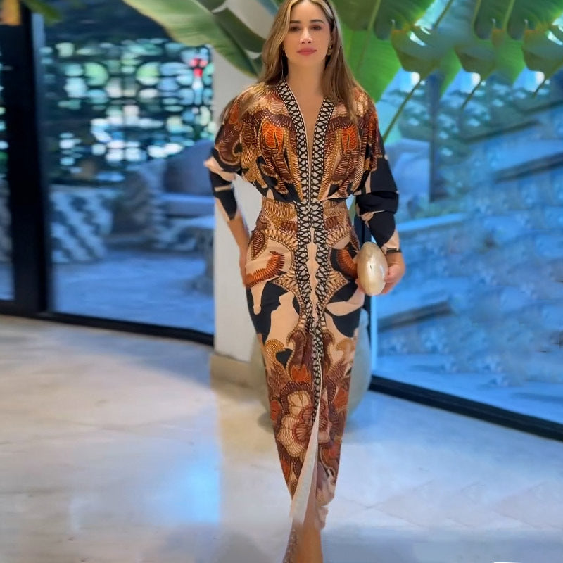 Wear Short Sleeve V-Neck Slim Print Dress
